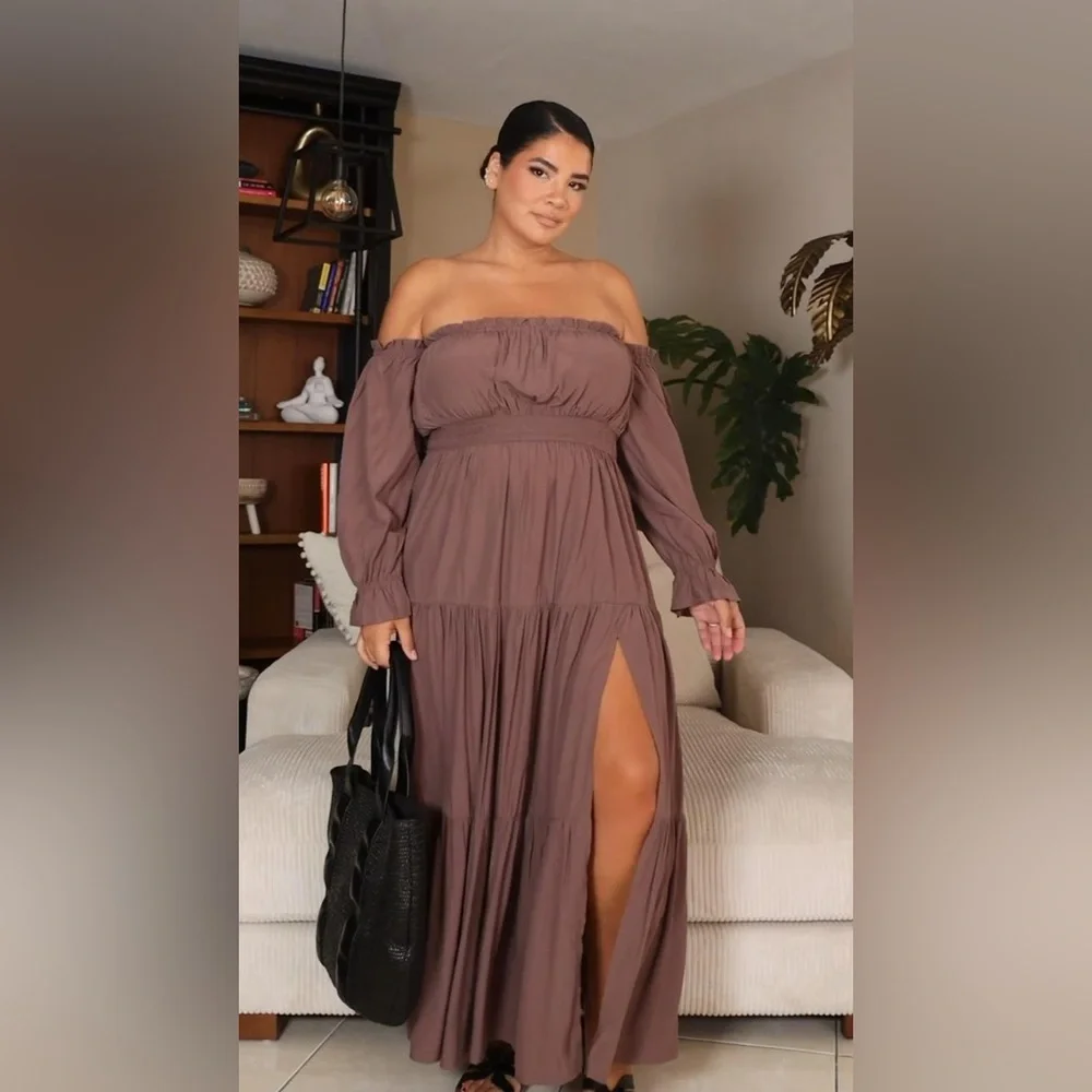 Nwt brown Off-Shoulder Maxi Dress cottage core‎ whimsical - Picture 14 of 15